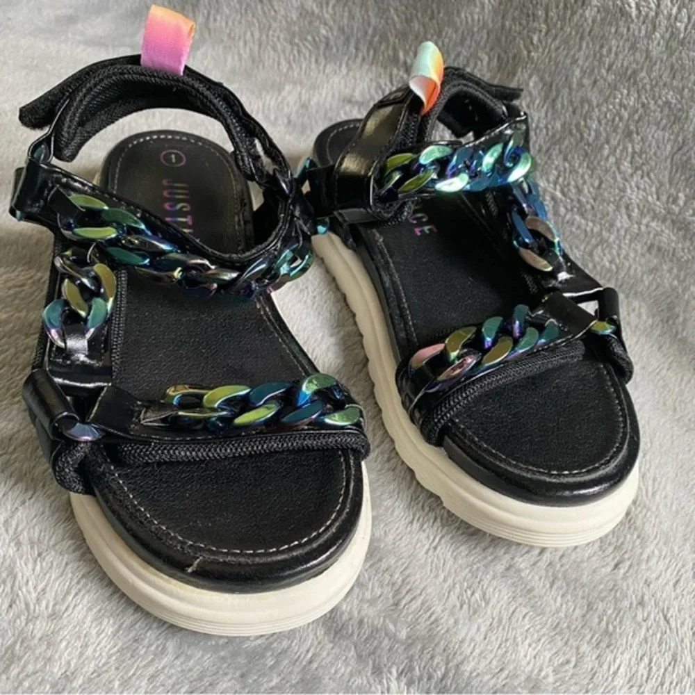 Justice Sandal’s Shoes Girls‎ Size 1 Velcro Strap Black New With Tags Chains